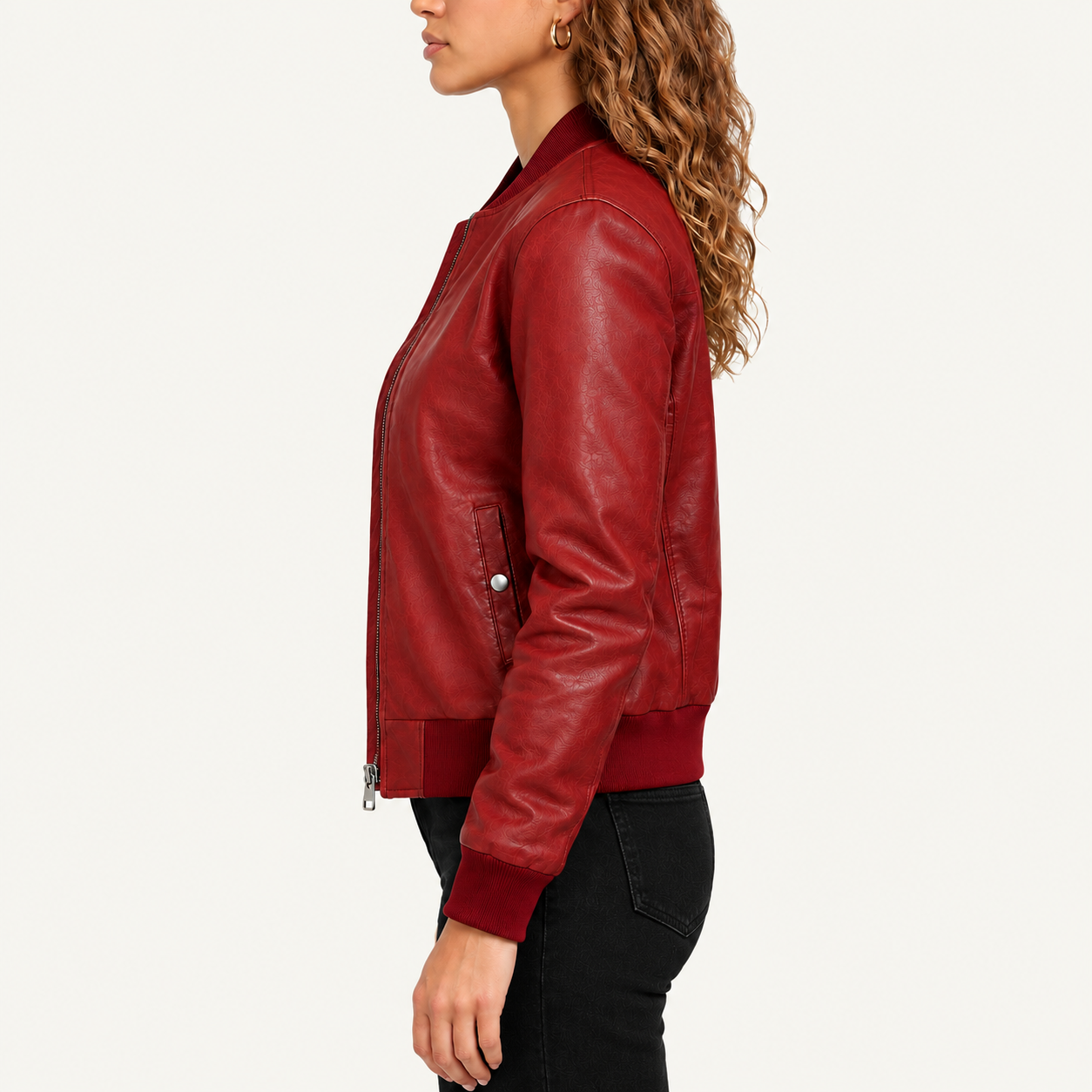 Women's Classic Burgundy Red Leather Bomber Jacket – Zip-Up Jacket with Ribbed Cuffs Gallery